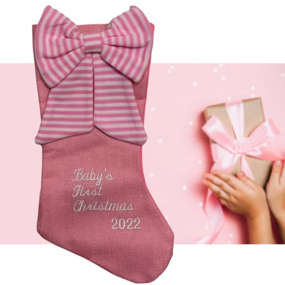 Baby First Christmas Stocking Embroidered 2022  Baby Girl Pink White 17 Inches - Picture 2 of 16